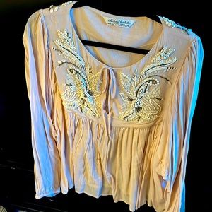 Cotton embroidered with shells n beads top in blush color